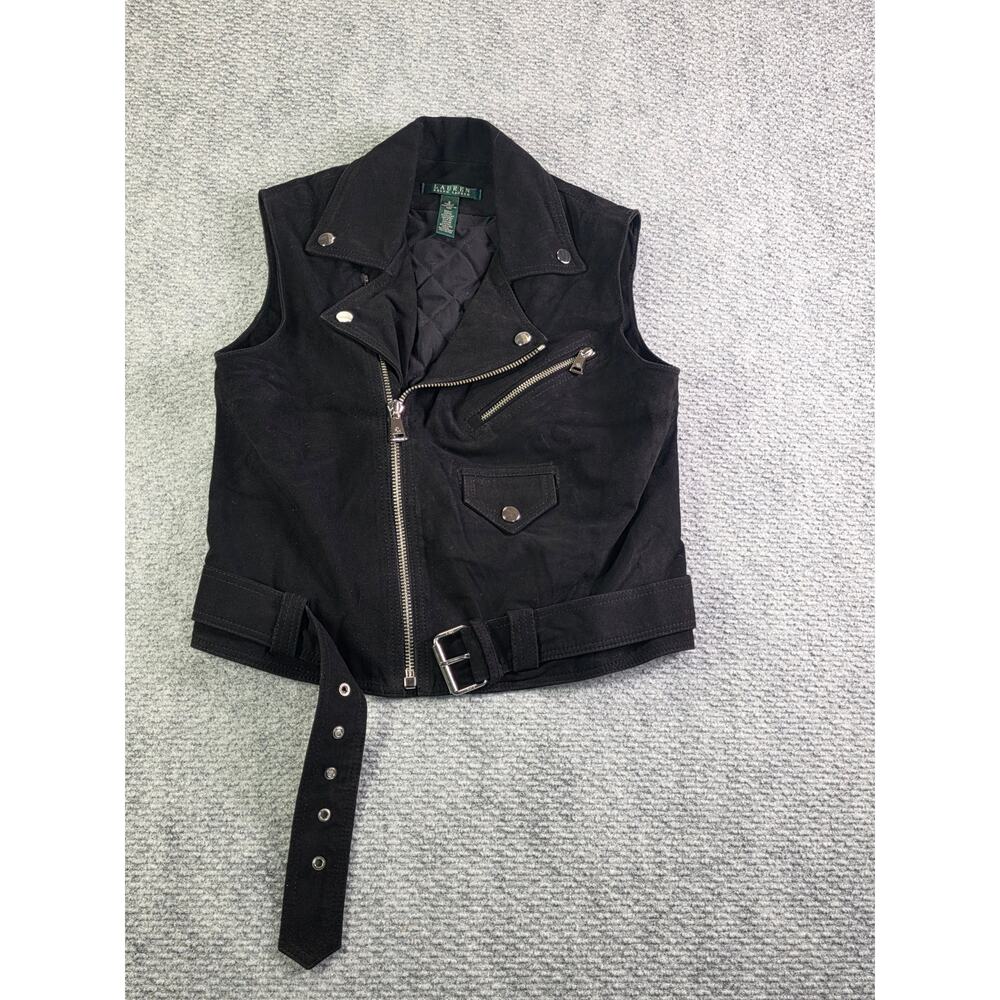 Leather Moto Jacket Vest Biker Edgy Zip Black Womens 2 Lauren Ralph Lauren LRL - Picture 2 of 11
